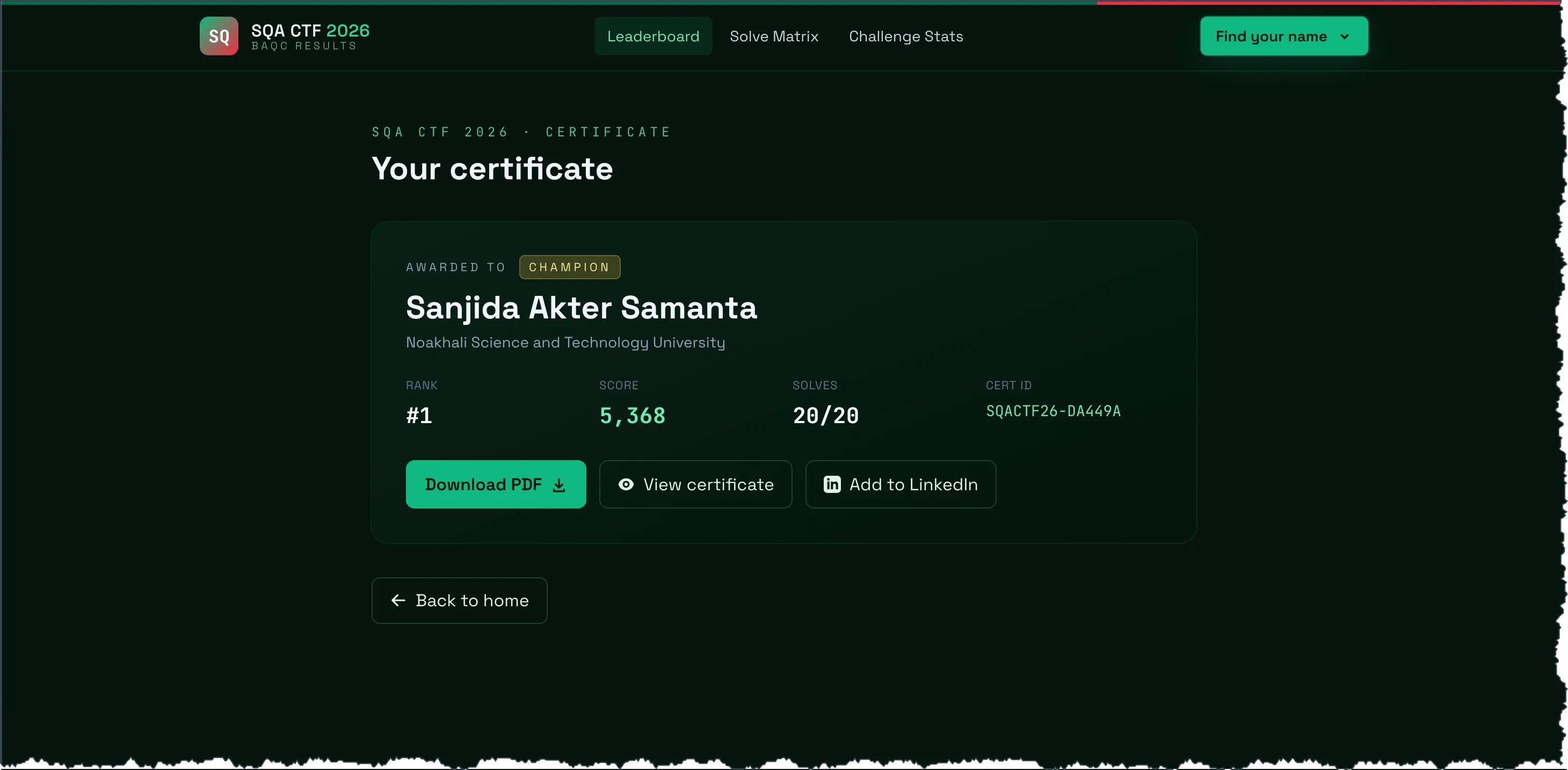 Certificate page on the results portal