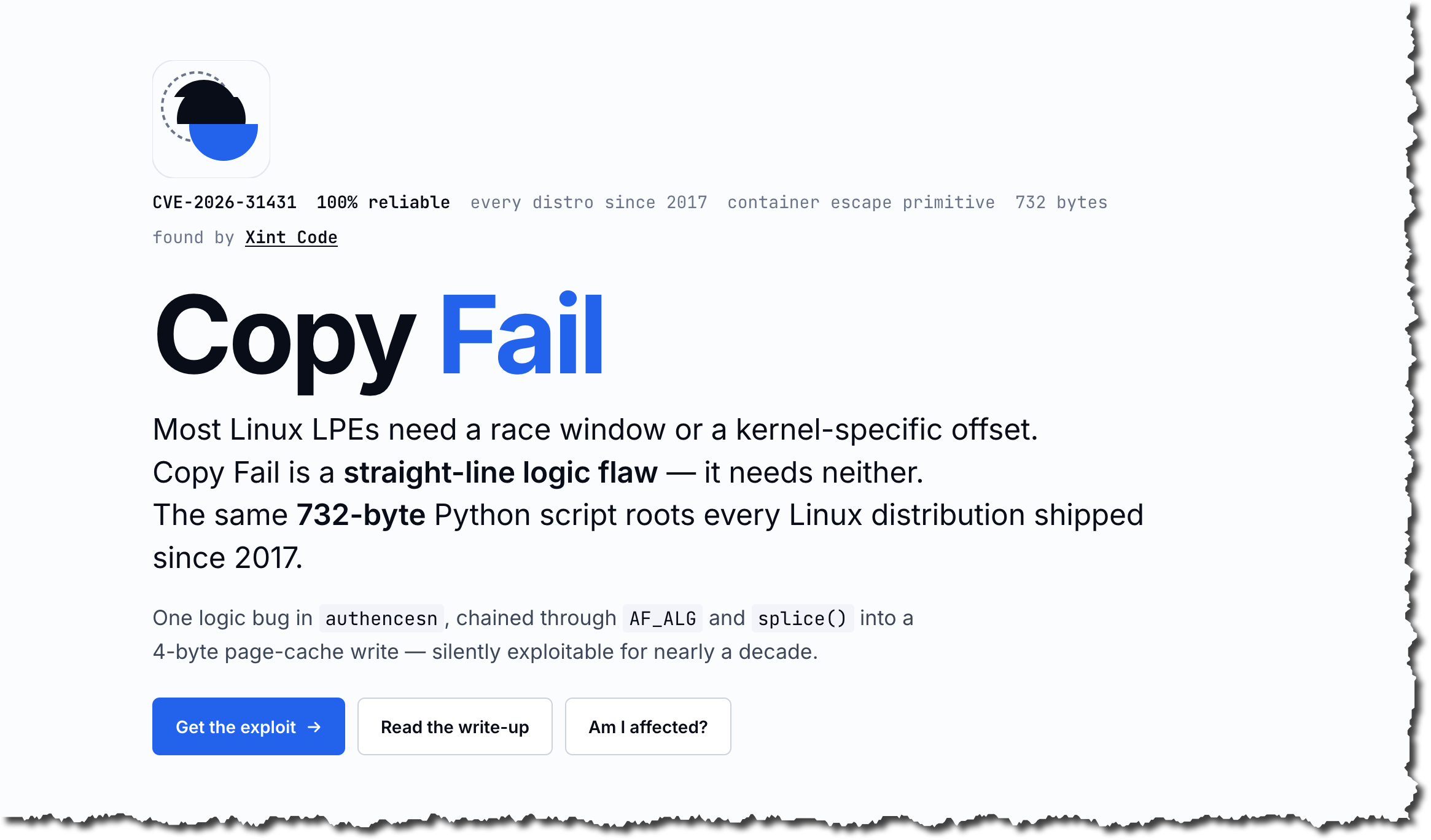 Copy Fail — CVE-2026-31431 Linux kernel local privilege escalation