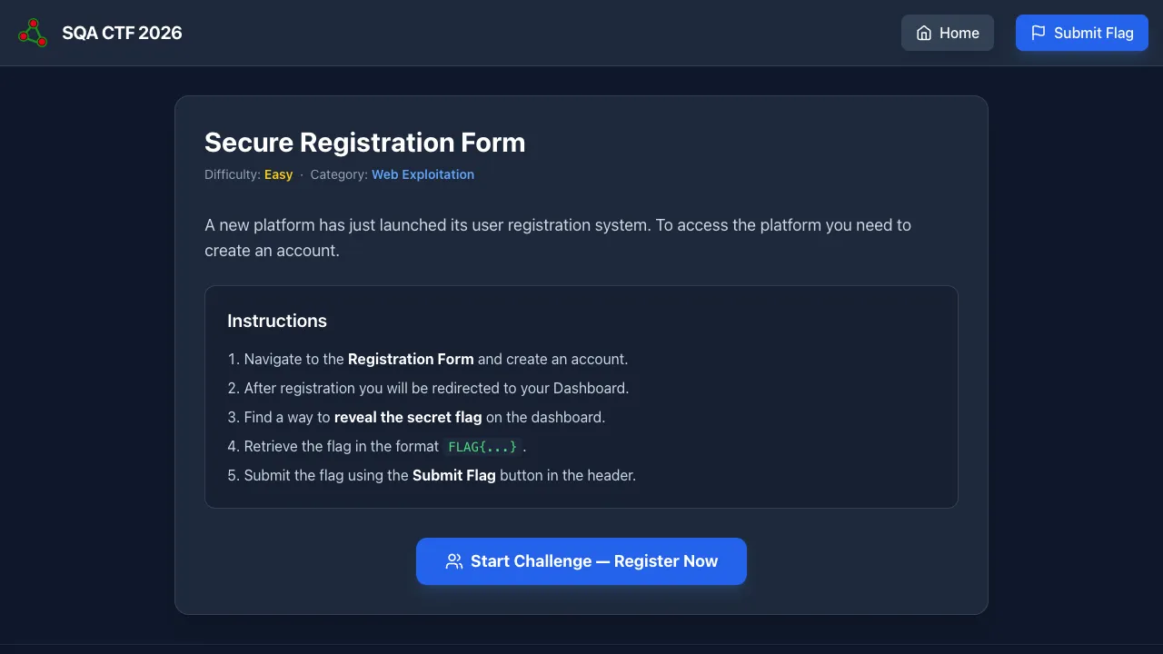 Secure Registration Form challenge page